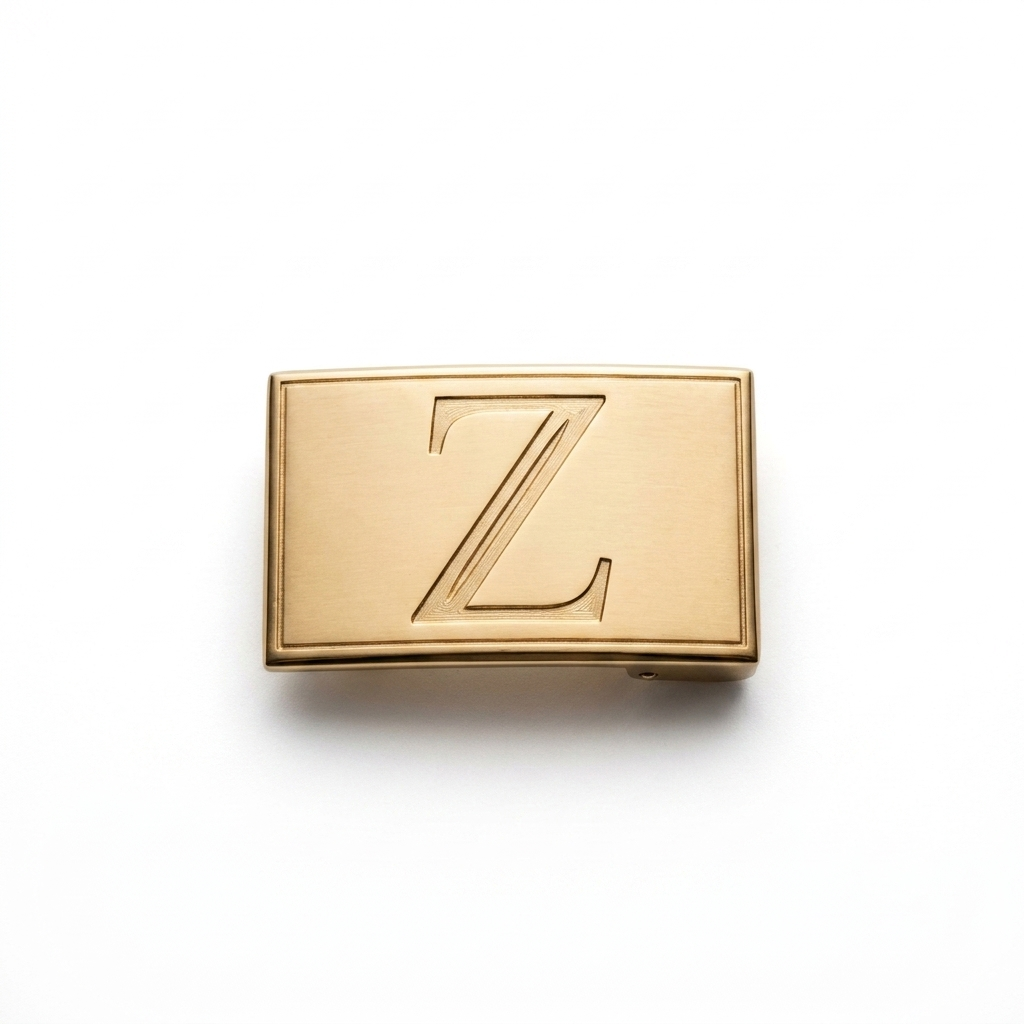ZOURE belt buckle close-up, gold Z engraving